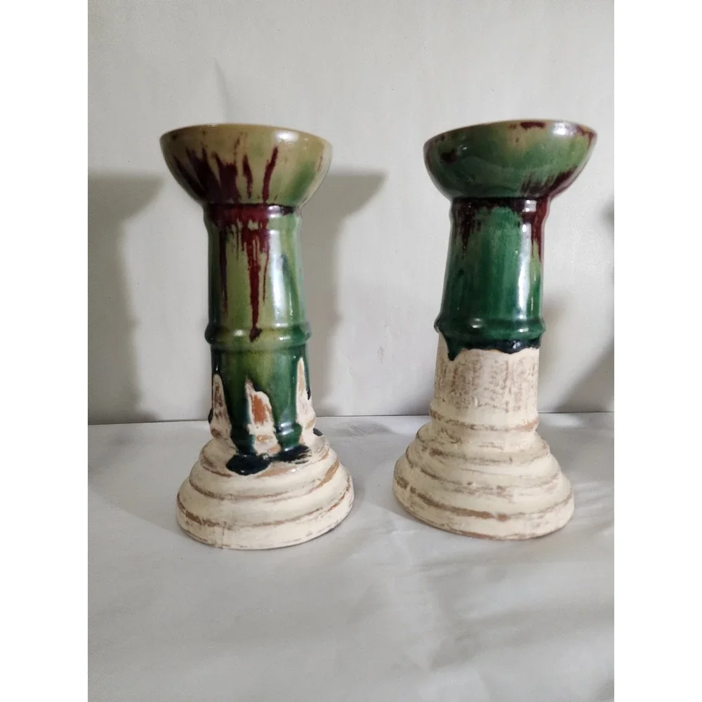 Vintage Artisan Ceramic Drip Glaze Candlestick Holders Pair Green Burgundy Cream